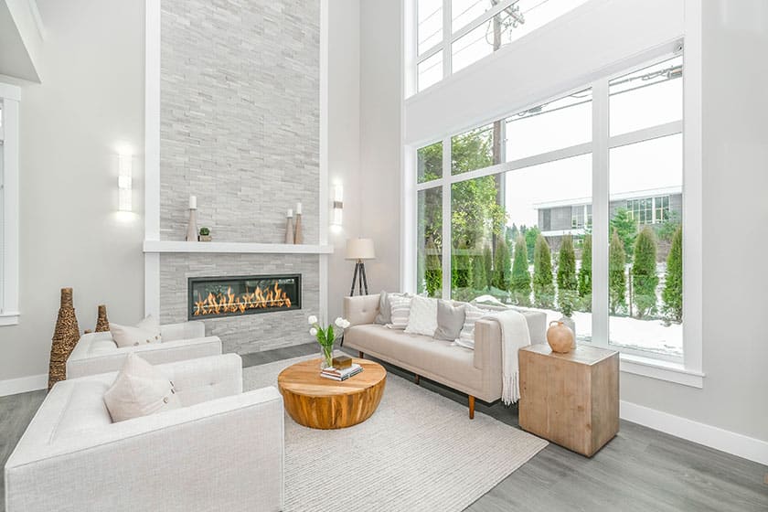 white living space with fireplace